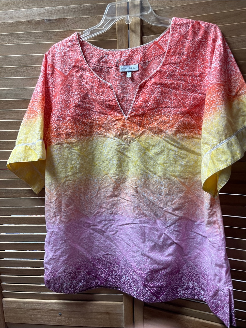 Fashion Bug Gradient Bandana-Print V-Neck Top in Coral, Yellow & Lavender
